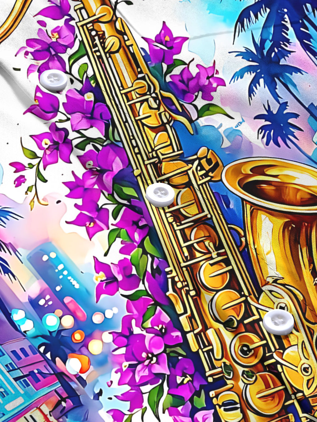 Oceanlyte Men's Hawaiian Saxophone And Purple Flowers Print Long Sleeve Shirt with Chest Pocket