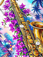Oceanlyte Men's Hawaiian Saxophone And Purple Flowers Print Long Sleeve Shirt with Chest Pocket