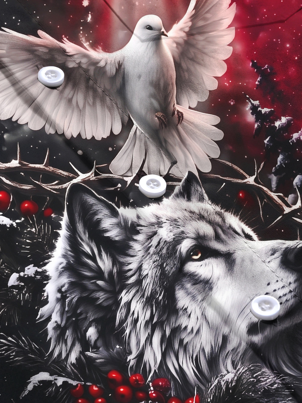 Oceanlyte Men's Long Sleeve Shirt - Christmas Wolf And Peace Dove With Snow And Berries Print with Chest Pocket