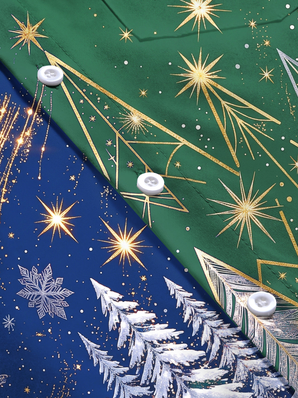 Oceanlyte Men's Long Sleeve Shirt - Color Block Christmas Trees And Golden Stars Print with Chest Pocket