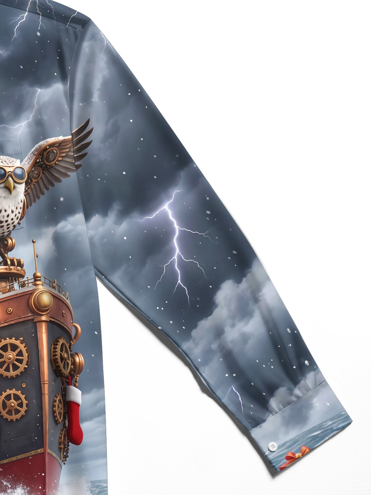 Oceanlyte Men's Long Sleeve Shirt - Steampunk Owl And Steamship With Christmas Stockings Print with Chest Pocket