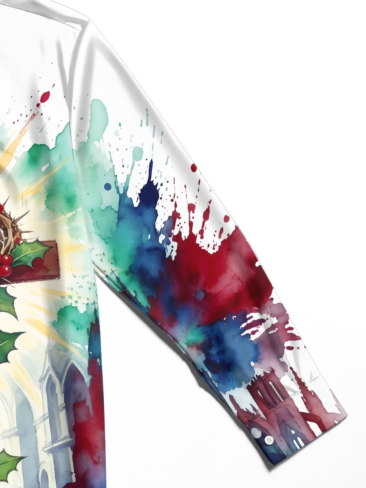 Oceanlyte Men's Long Sleeve Shirt - Christmas Religious Cross With Crown Of Thorns And Holly Print with Chest Pocket