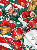 Oceanlyte Men's Graphic Santa Claus Playing Drum Set Print Long Sleeve Shirt with Chest Pocket