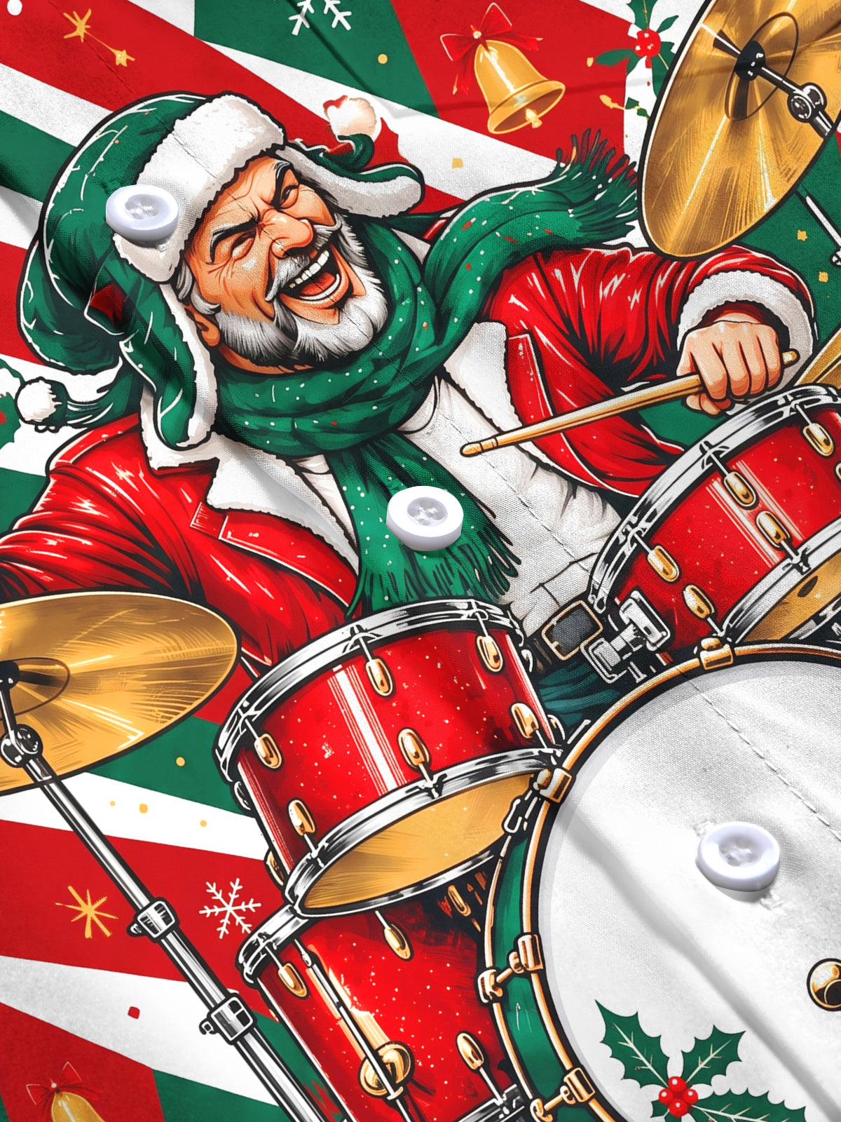 Oceanlyte Men's Graphic Santa Claus Playing Drum Set Print Long Sleeve Shirt with Chest Pocket