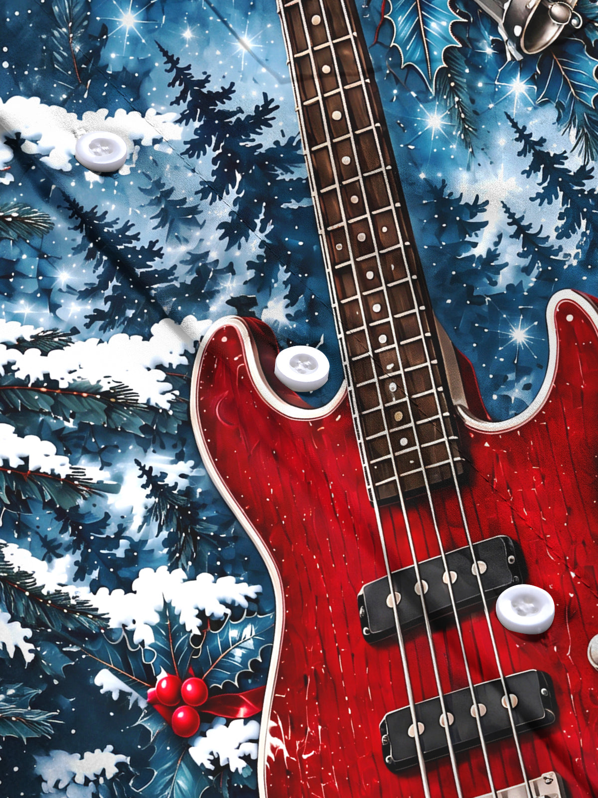 Oceanlyte Men's Long Sleeve Shirt - Christmas Snowy Forest And Holly Print Red Bass Guitar Print with Chest Pocket