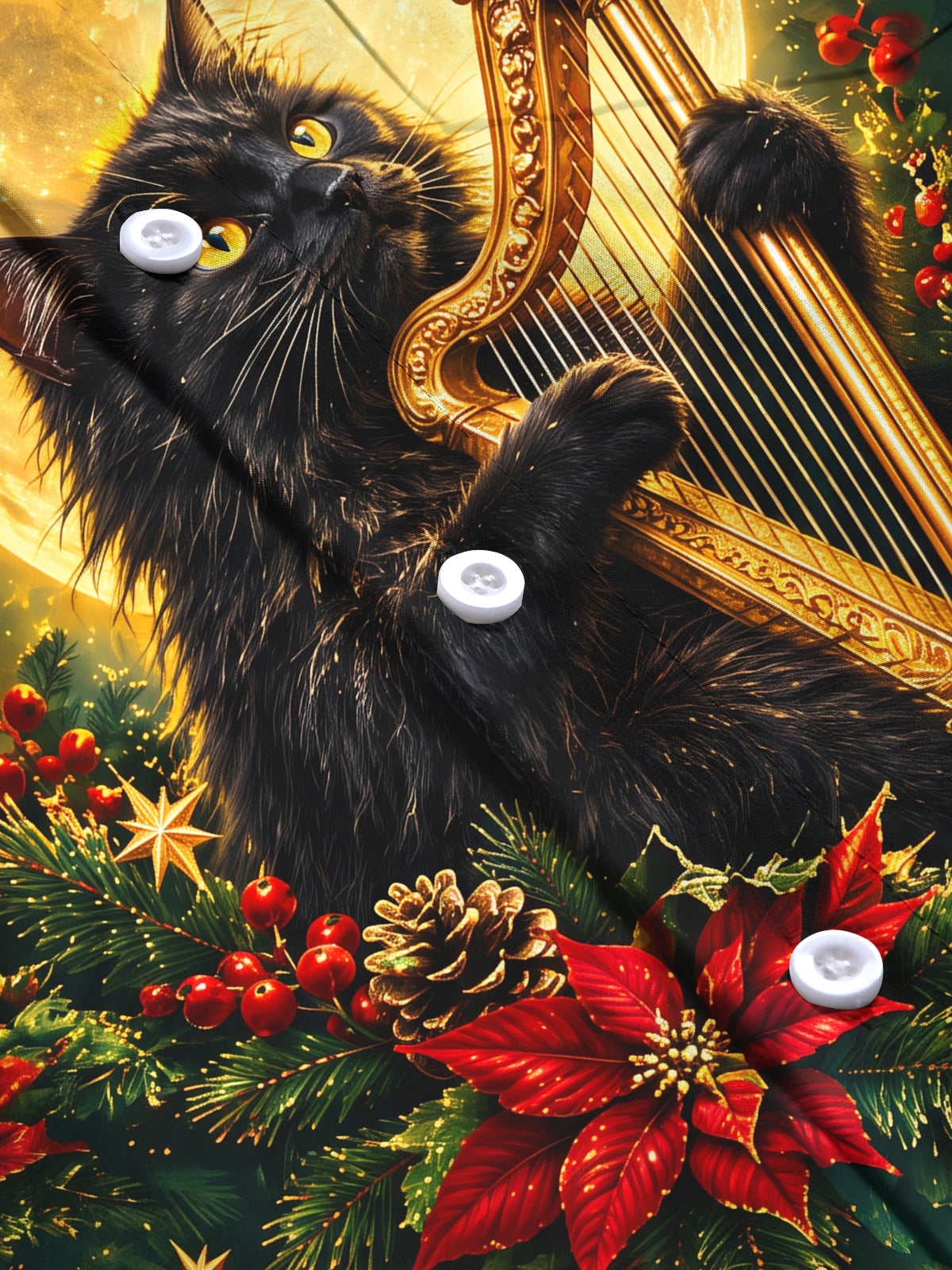 Oceanlyte Men's Long Sleeve Shirt - Black Cat Playing Harp With Christmas Elements Print with Chest Pocket