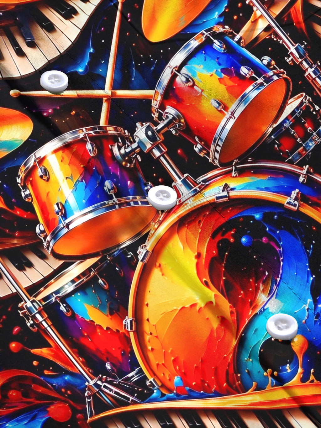 Oceanlyte Men's Drum Set Piano Keys And Vinyl Records Print Long Sleeve Shirt with Chest Pocket