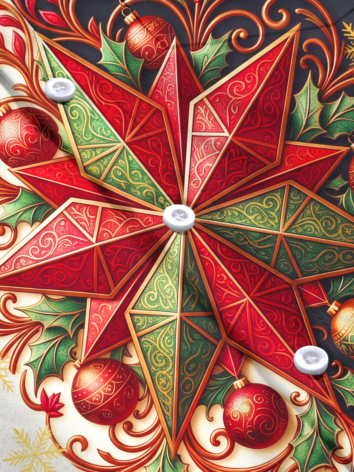 Oceanlyte Men's Christmas Star Holly Baubles Snowflakes Print Long Sleeve Shirt with Chest Pocket
