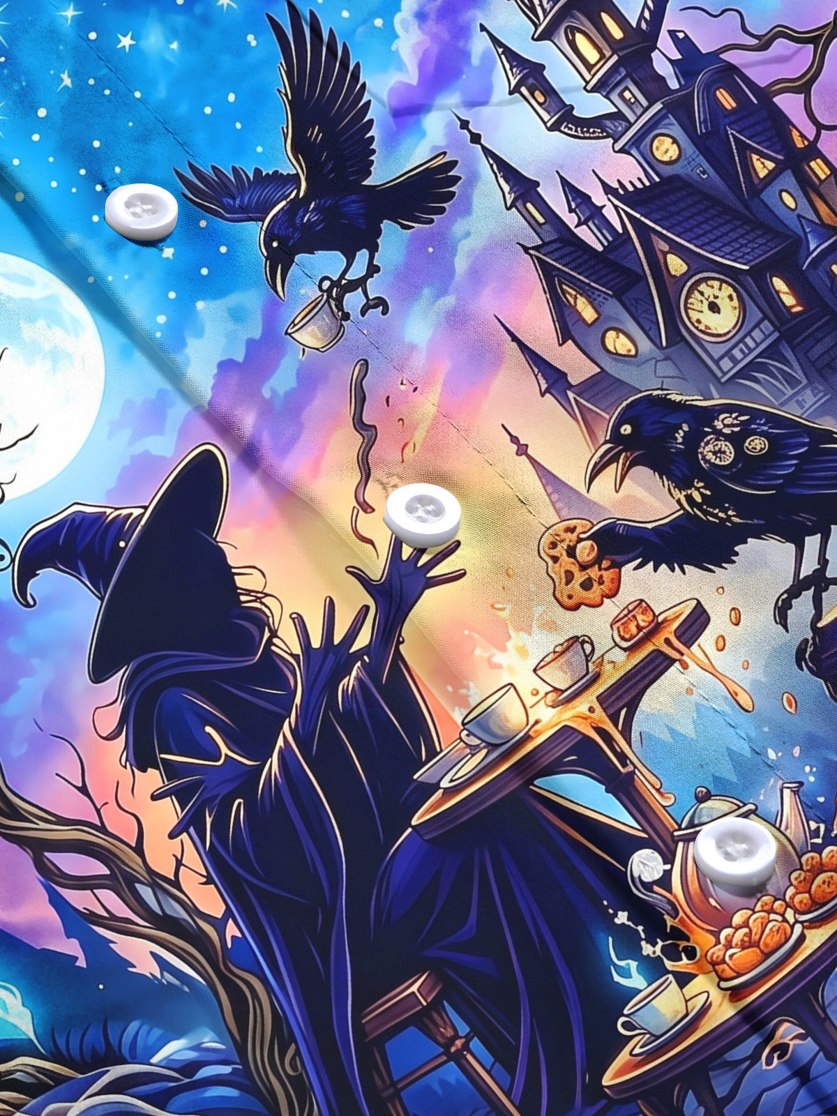 Oceanlyte Men's Halloween Witch And Raven Tea Party Print Long Sleeve Shirt with Chest Pocket