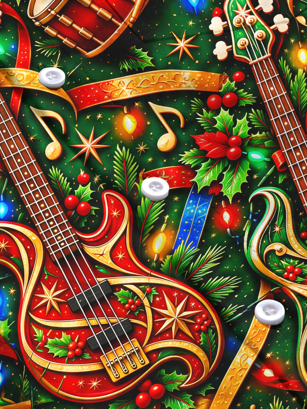 Oceanlyte Men's Long Sleeve Shirt - Bass Guitars And Drums With Christmas Motifs Print with Chest Pocket