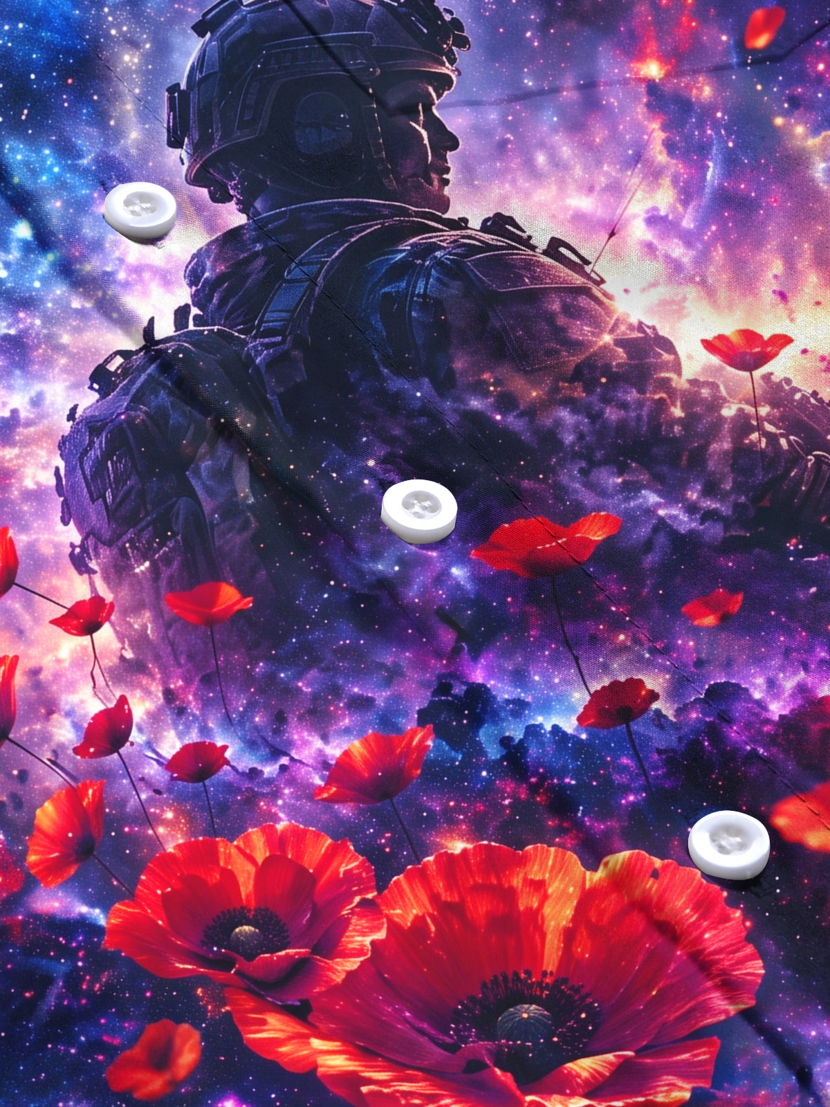 Oceanlyte Men's Long Sleeve Shirt - The "Echoes of the Fallen" Soldier Silhouette And Red Poppies Against Galaxy Background Print with Chest Pocket