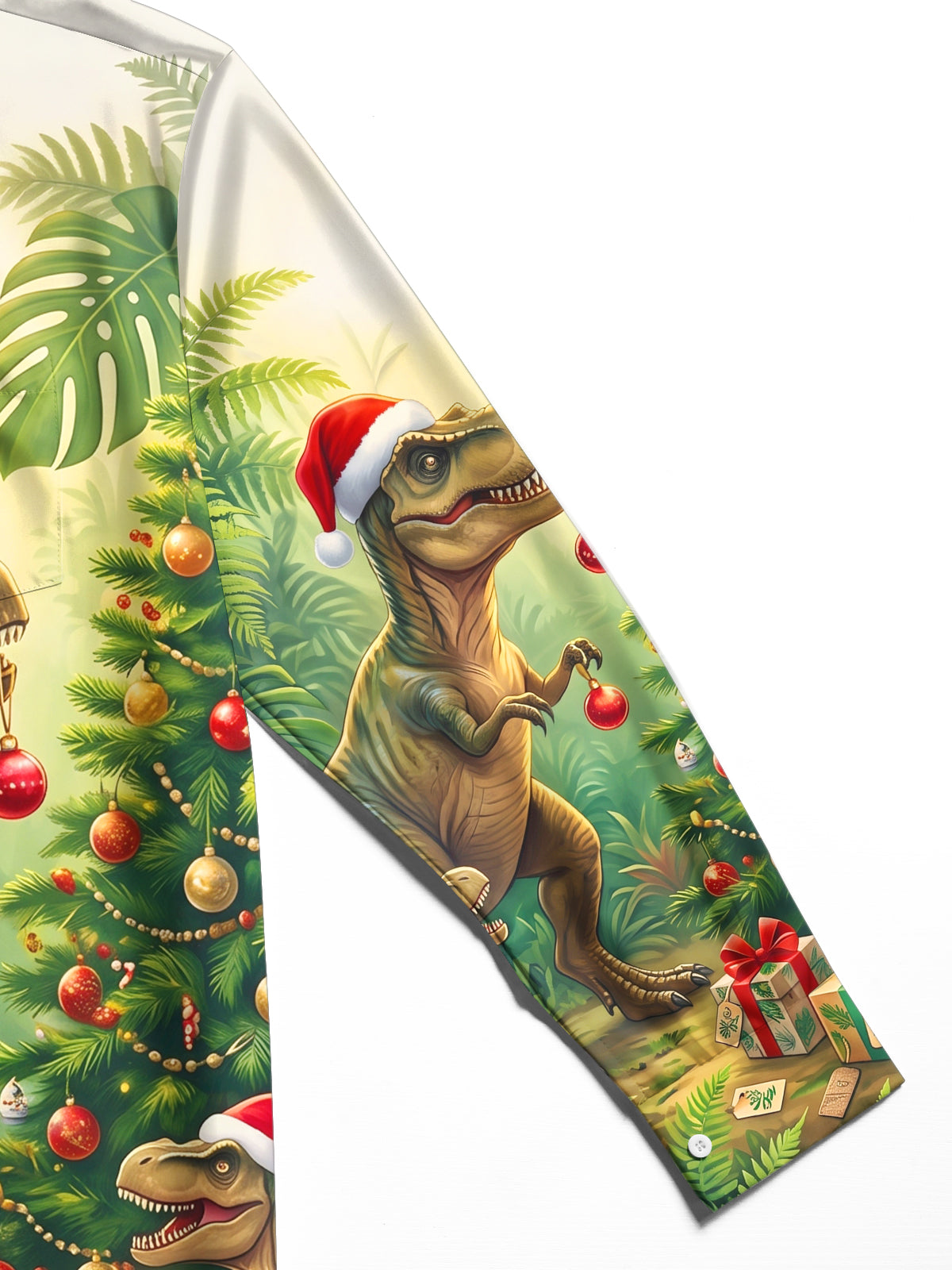 Oceanlyte Men's Hawaiian Dinosaur Christmas Tree Print Long Sleeve Shirt with Chest Pocket