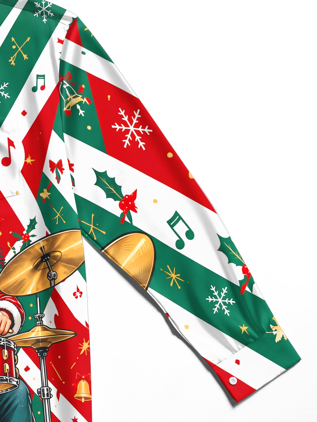 Oceanlyte Men's Graphic Santa Claus Playing Drum Set Print Long Sleeve Shirt with Chest Pocket