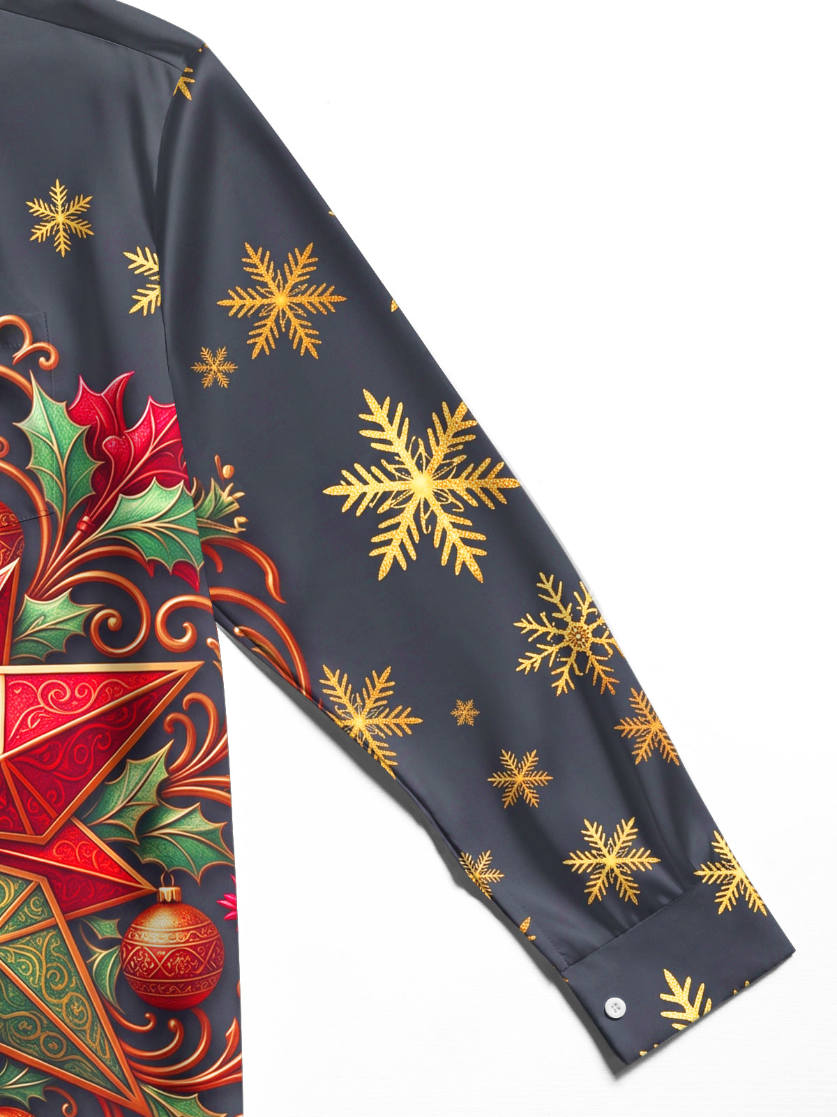 Oceanlyte Men's Christmas Star Holly Baubles Snowflakes Print Long Sleeve Shirt with Chest Pocket