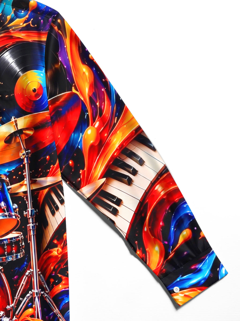 Oceanlyte Men's Drum Set Piano Keys And Vinyl Records Print Long Sleeve Shirt with Chest Pocket