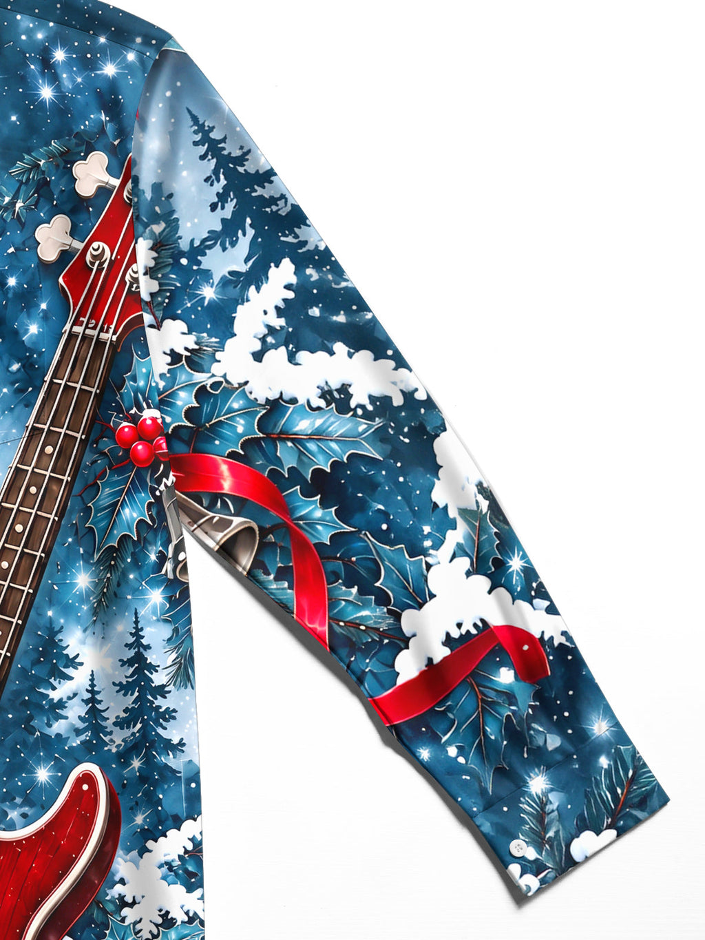 Oceanlyte Men's Long Sleeve Shirt - Christmas Snowy Forest And Holly Print Red Bass Guitar Print with Chest Pocket