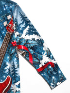 Oceanlyte Men's Long Sleeve Shirt - Christmas Snowy Forest And Holly Print Red Bass Guitar Print with Chest Pocket