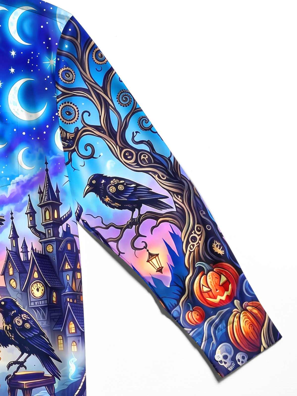 Oceanlyte Men's Halloween Witch And Raven Tea Party Print Long Sleeve Shirt with Chest Pocket