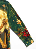 Oceanlyte Men's Long Sleeve Shirt - Black Cat Playing Harp With Christmas Elements Print with Chest Pocket