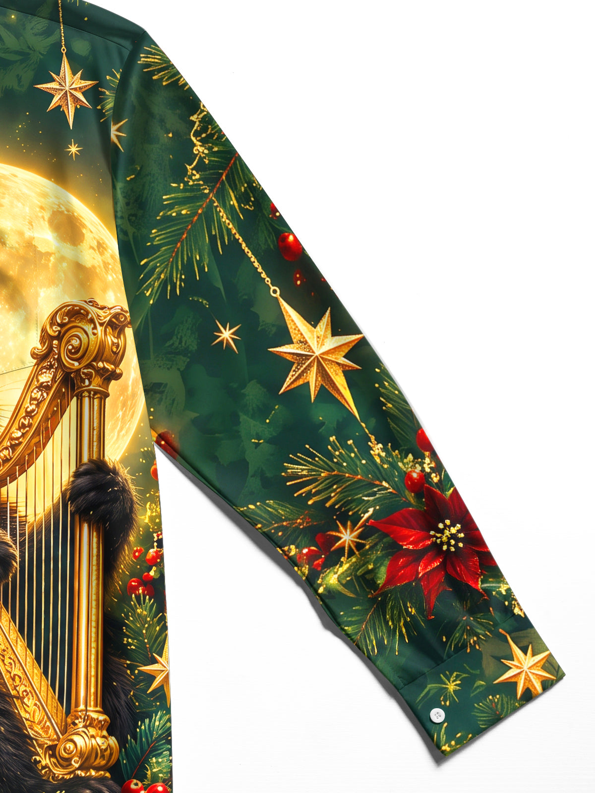 Oceanlyte Men's Long Sleeve Shirt - Black Cat Playing Harp With Christmas Elements Print with Chest Pocket
