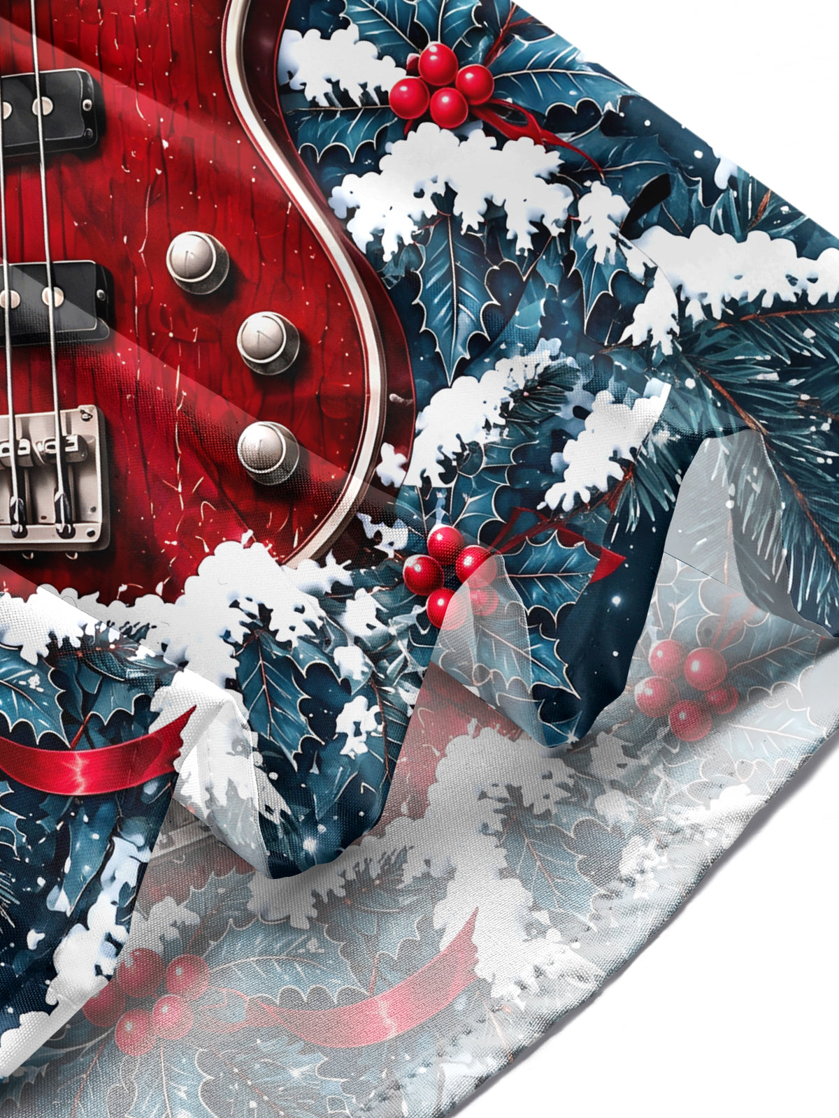 Oceanlyte Men's Long Sleeve Shirt - Christmas Snowy Forest And Holly Print Red Bass Guitar Print with Chest Pocket