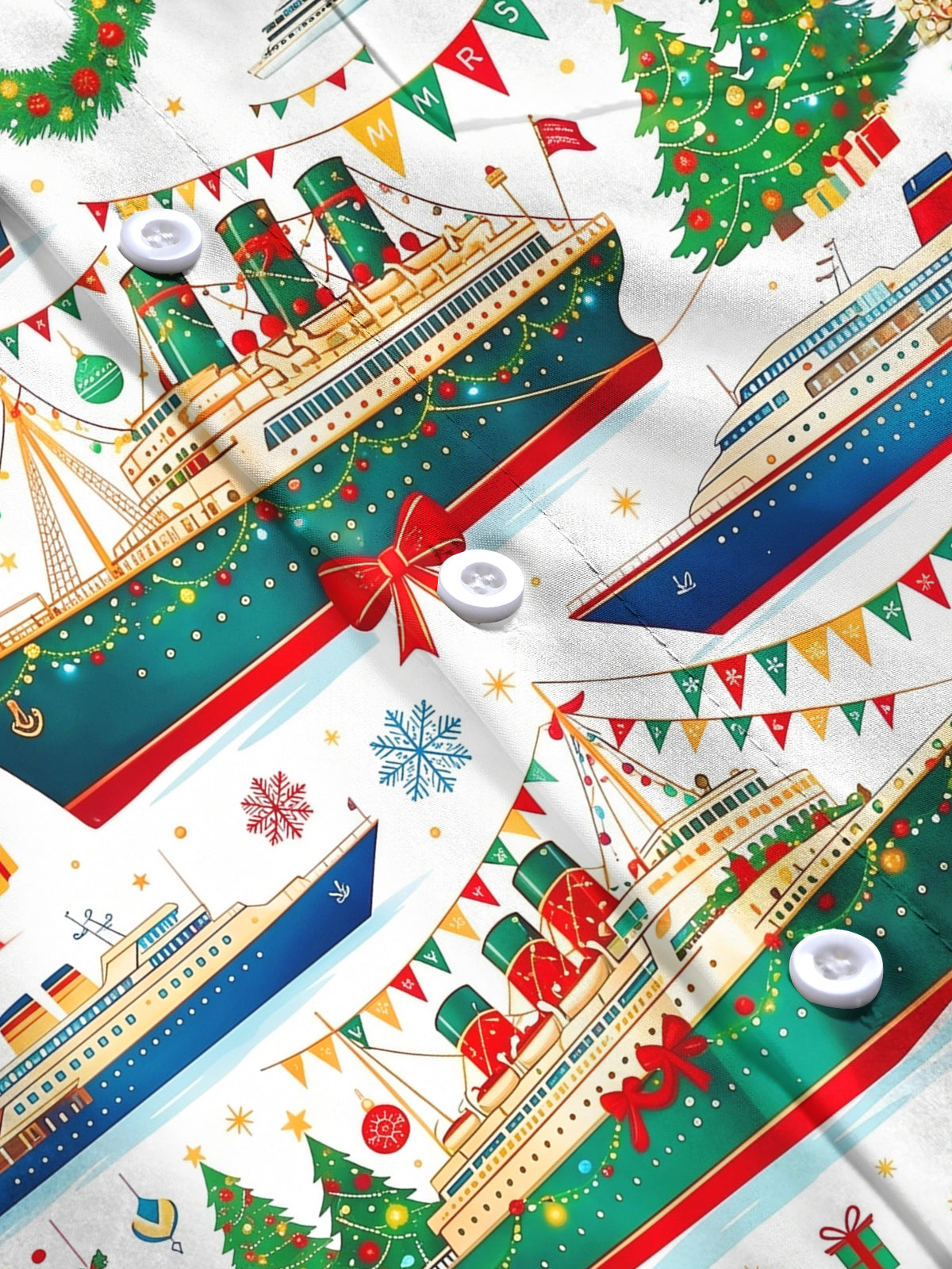 Oceanlyte Men's Long Sleeve Shirt - Christmas Cruise Ships And Holiday Ornaments Print with Chest Pocket