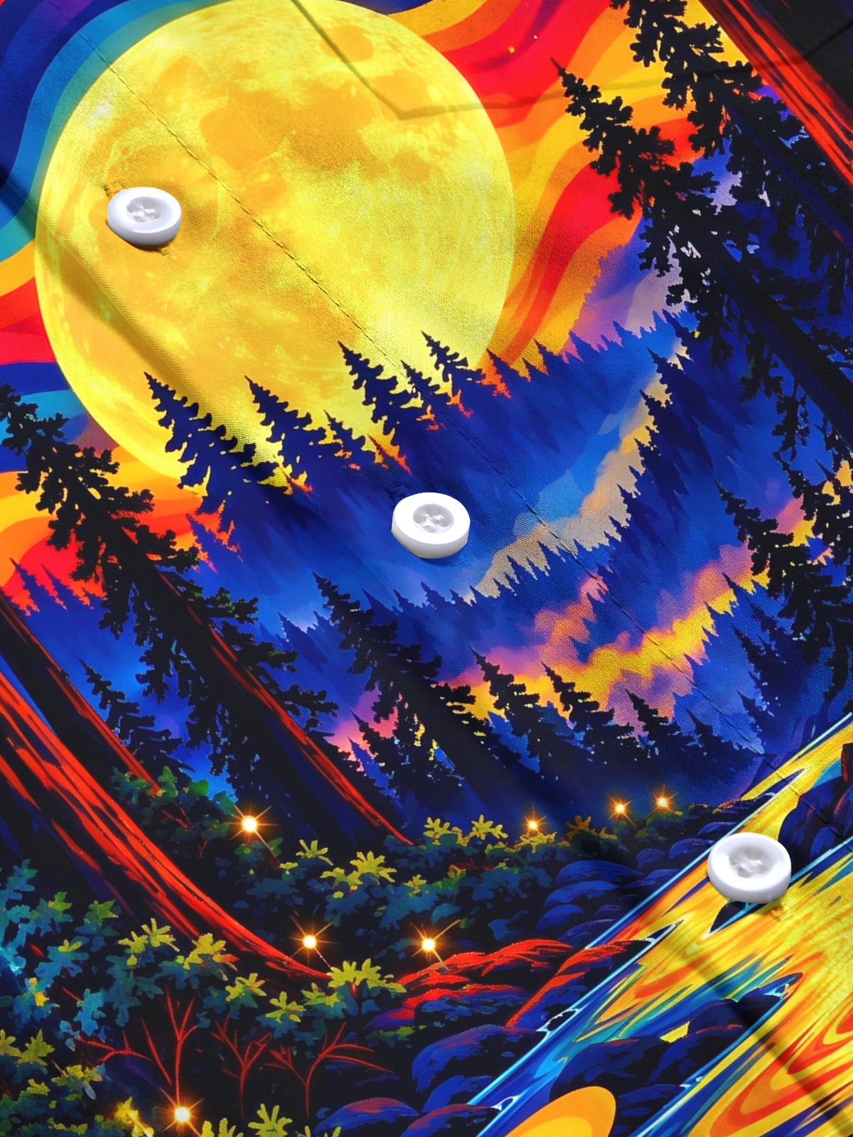 Oceanlyte Men's Long Sleeve Stand Collar Shirt - Psychedelic Forest Landscape With Full Moon Print