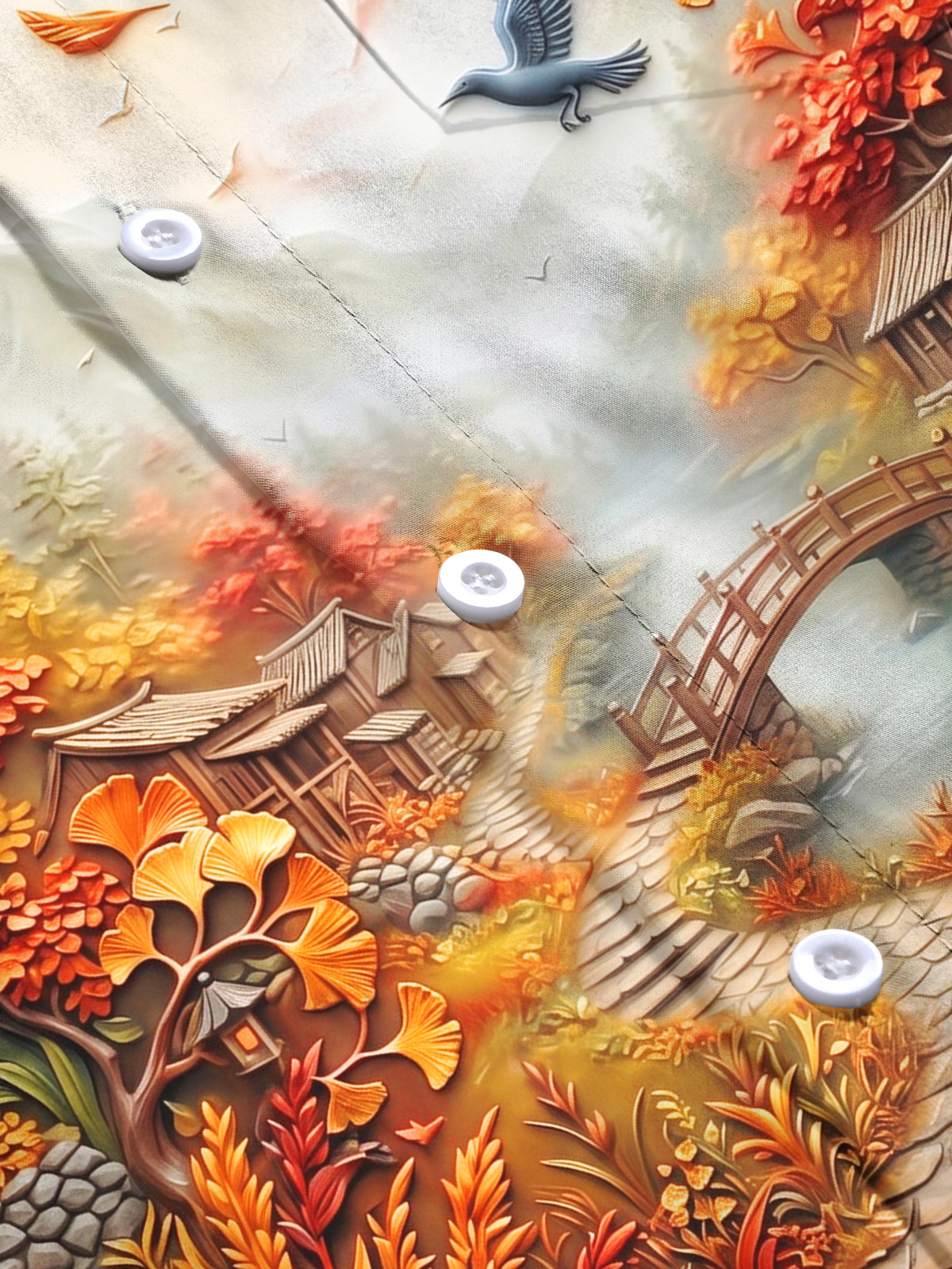 Oceanlyte Men's Long Sleeve Shirt - Ancient Village Autumn Landscape With Birds And Bridge Print with Chest Pocket