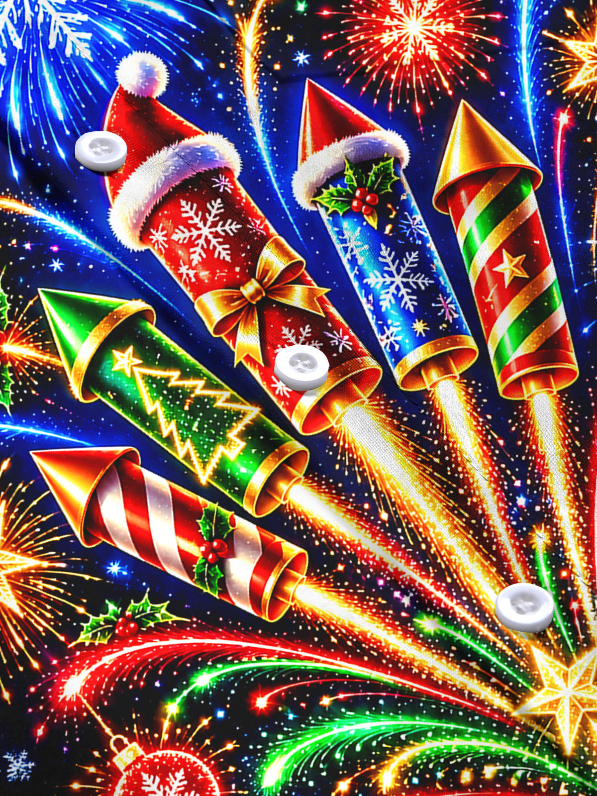 Oceanlyte Men's Long Sleeve Shirt - Christmas Fireworks Rockets And Ornaments Print with Chest Pocket