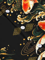 Oceanlyte Men's Hawaiian Koi Fish And Waves Print Long Sleeve Shirt with Chest Pocket