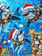 Oceanlyte Men's Hawaiian Christmas Dolphins Print Long Sleeve Shirt with Chest Pocket