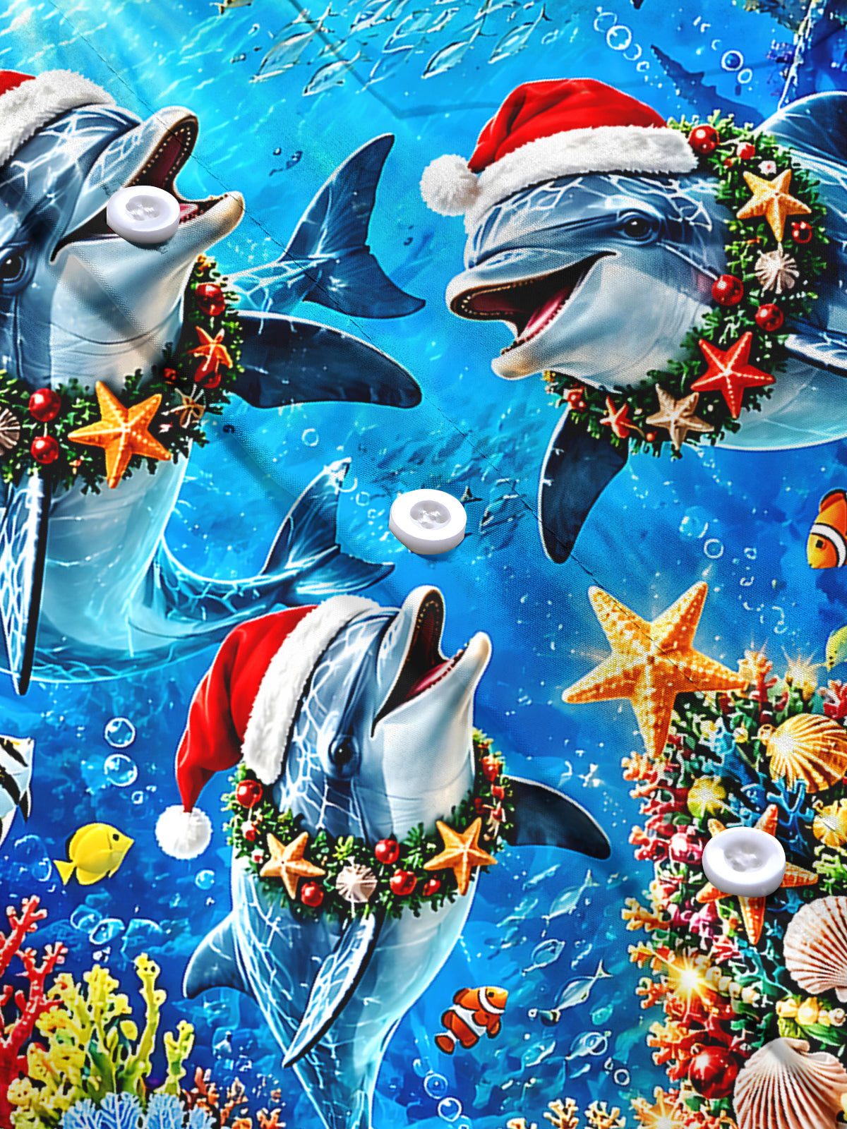 Oceanlyte Men's Hawaiian Christmas Dolphins Print Long Sleeve Shirt with Chest Pocket