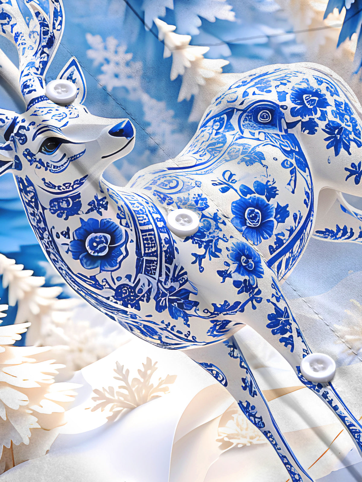 Oceanlyte Men's Graphic Blue And White Porcelain Elk Print Long Sleeve Shirt with Chest Pocket