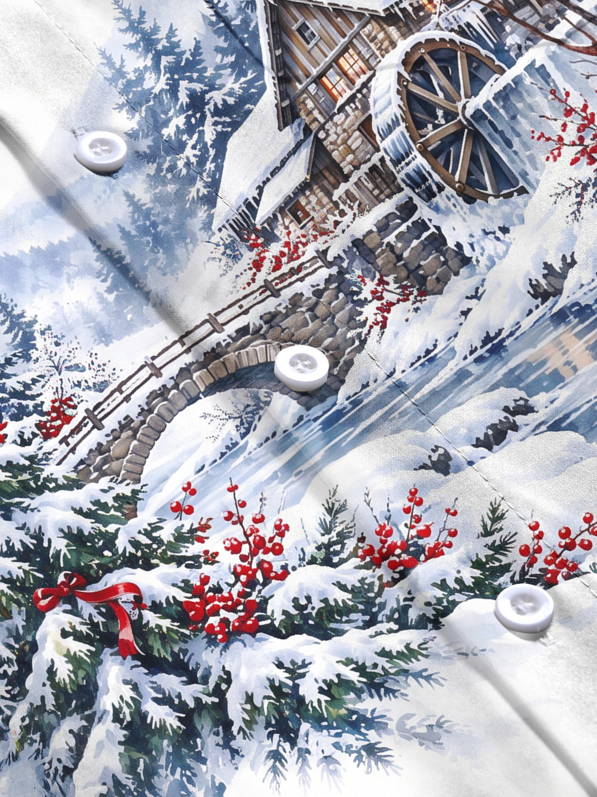 Oceanlyte Men's Long Sleeve Shirt - Winter Snowy Landscape With Wooden House And Waterwheel Print with Chest Pocket