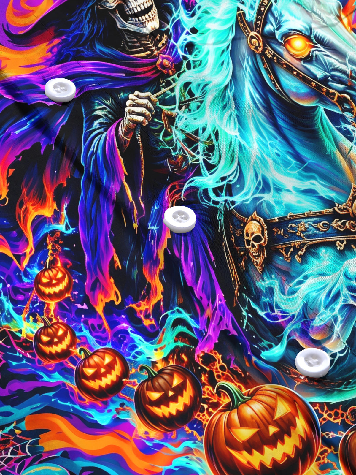 Oceanlyte Men's Halloween Skeleton Wizard On Ghost Horse Print Long Sleeve Shirt with Chest Pocket