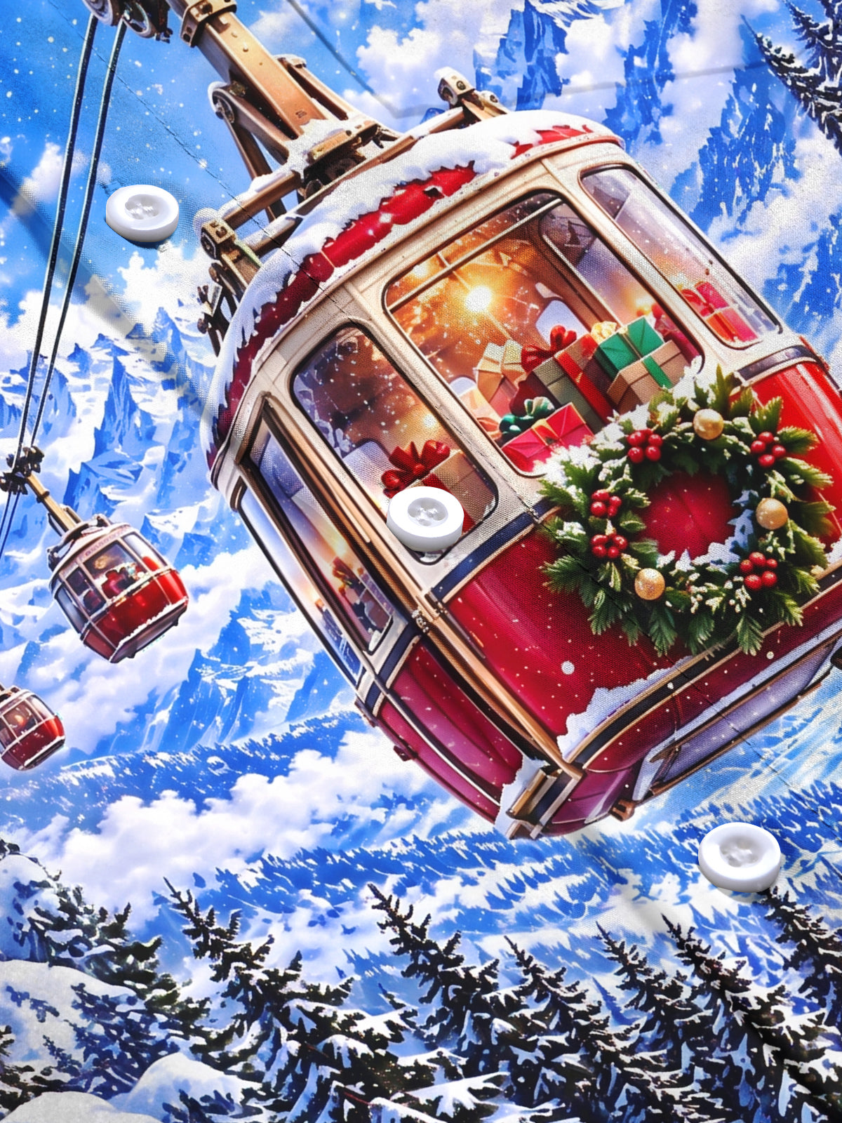 Oceanlyte Men's Long Sleeve Shirt - Mountain Cable Car With Christmas Gifts And Wreath Print with Chest Pocket