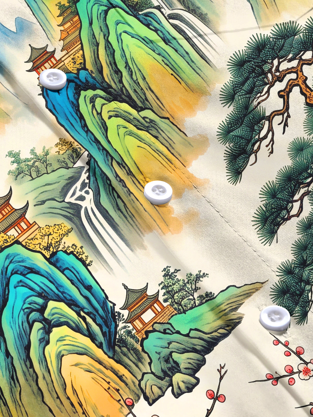Oceanlyte Men's Long Sleeve Shirt - Asian Landscape With Mountains And Waterfalls Print with Chest Pocket