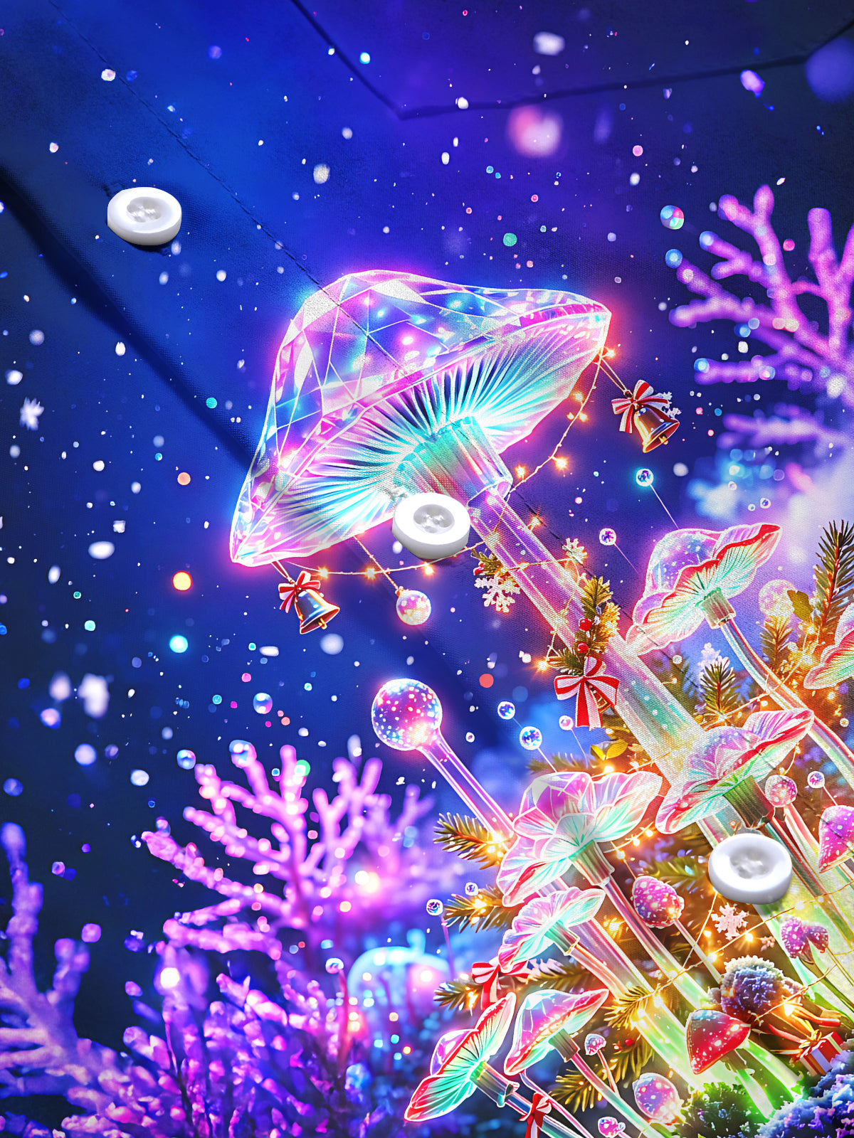 Oceanlyte Men's Long Sleeve Shirt - Christmas Neon Glowing Mushrooms And Winter Forest Print with Chest Pocket