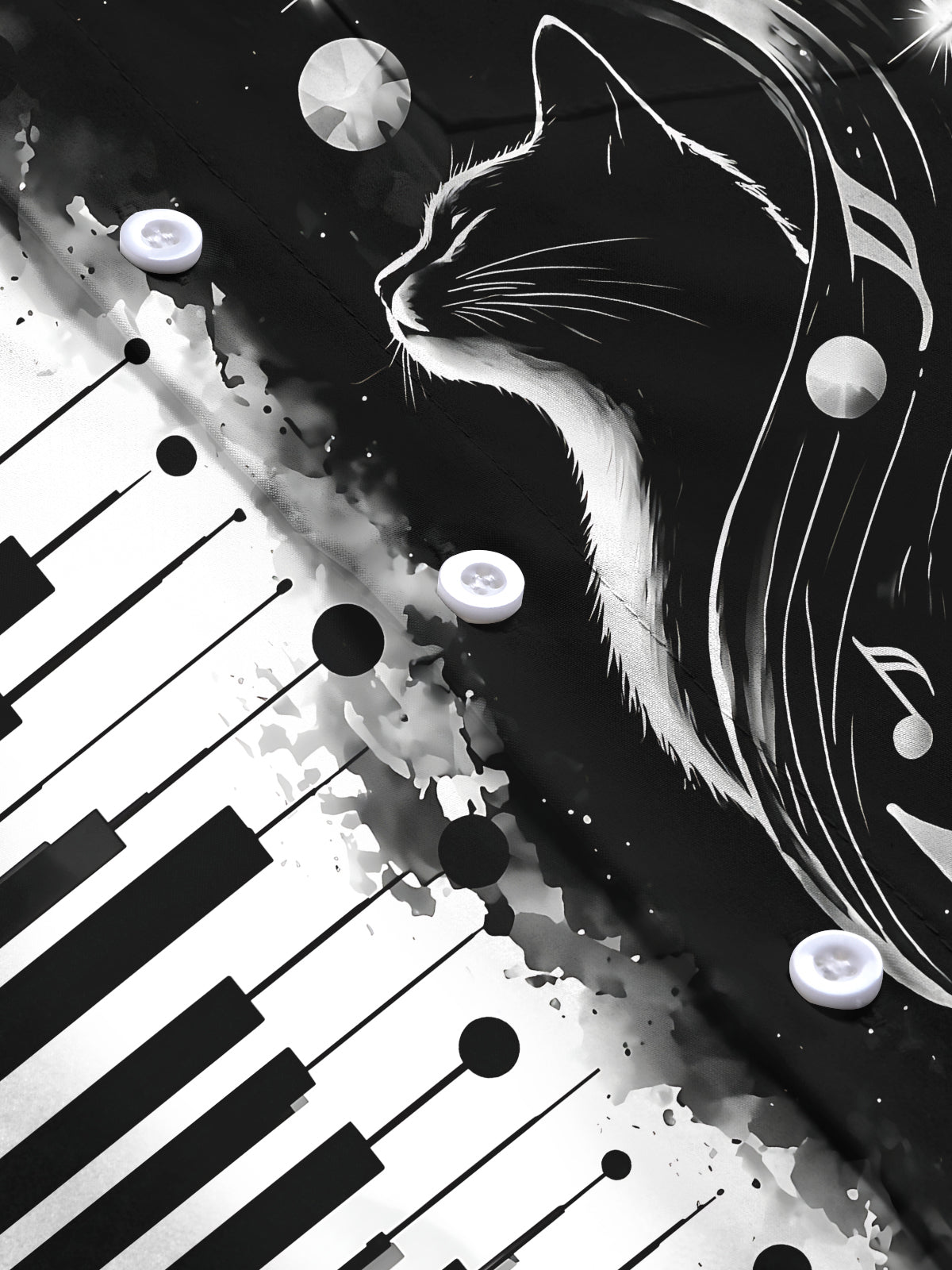 Oceanlyte Men's Piano Keys And Cat With Musical Notes Print Long Sleeve Shirt with Chest Pocket