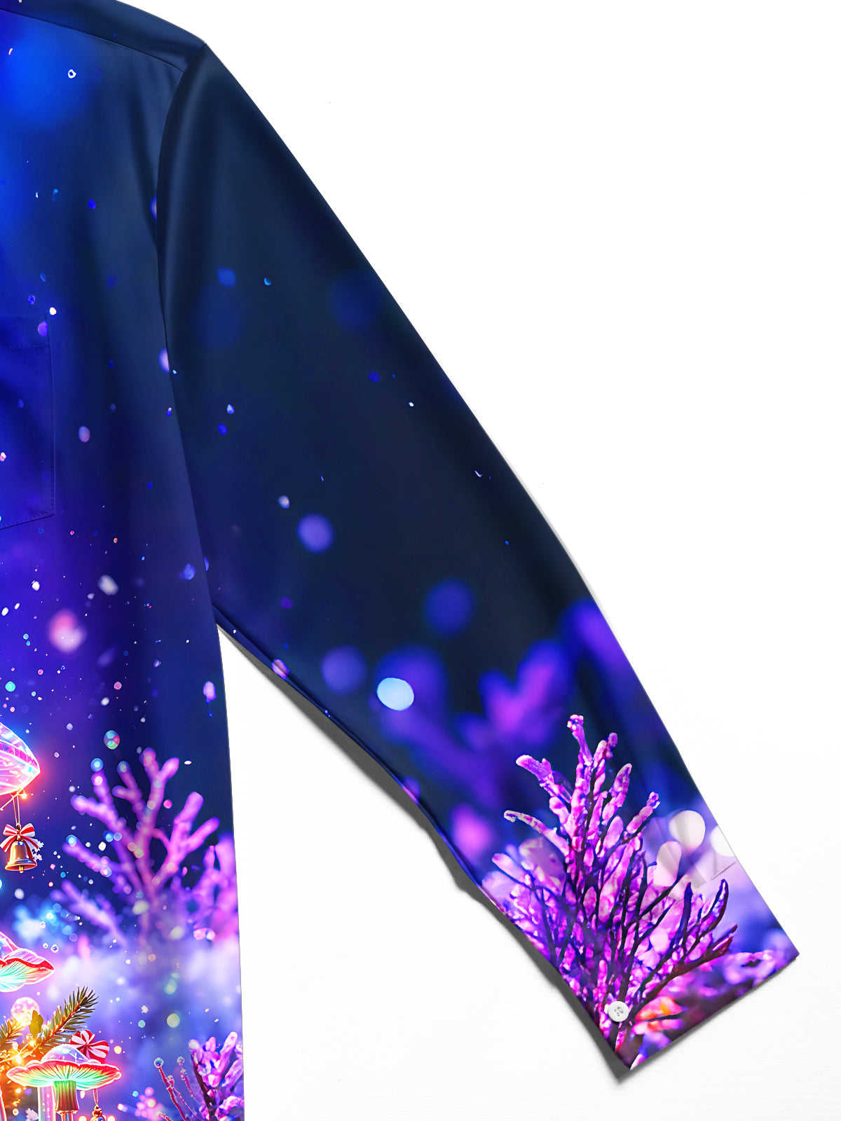 Oceanlyte Men's Long Sleeve Shirt - Christmas Neon Glowing Mushrooms And Winter Forest Print with Chest Pocket