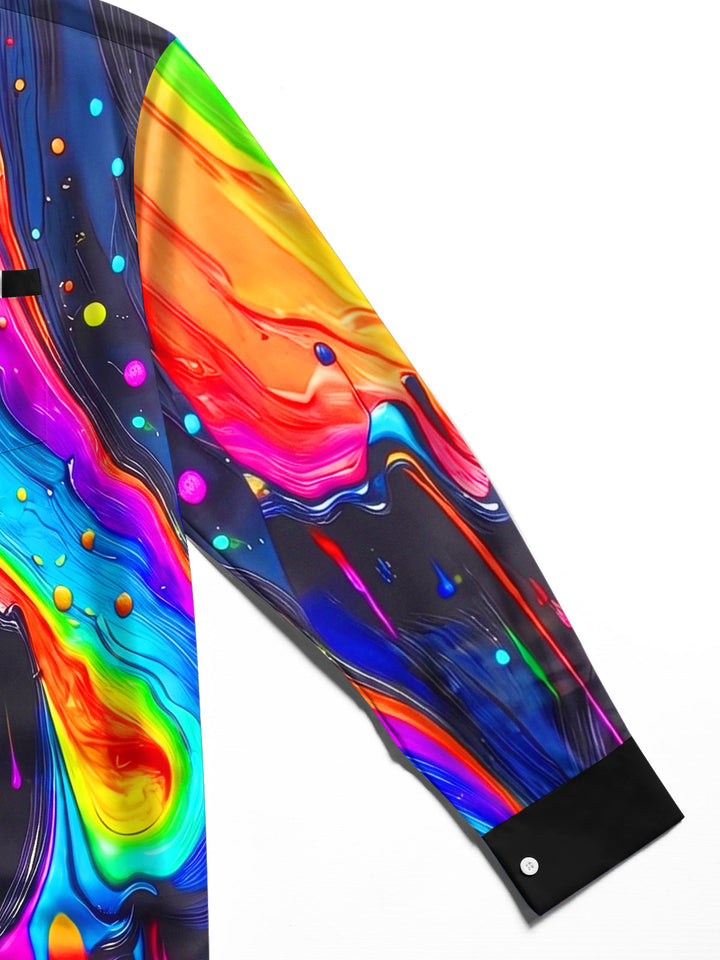 Oceanlyte Men's Graphic Abstract Rainbow Dripping Paint Print Long Sleeve Button Down Shirt with Chest Pocket