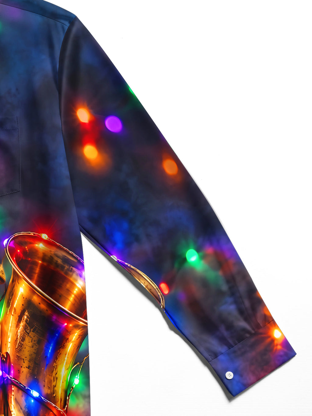 Oceanlyte Men's Saxophone And Christmas Light String Print Long Sleeve Shirt with Chest Pocket