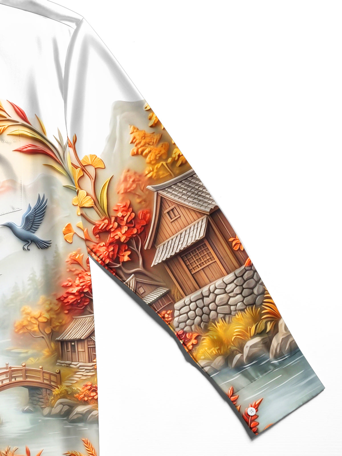 Oceanlyte Men's Long Sleeve Shirt - Ancient Village Autumn Landscape With Birds And Bridge Print with Chest Pocket