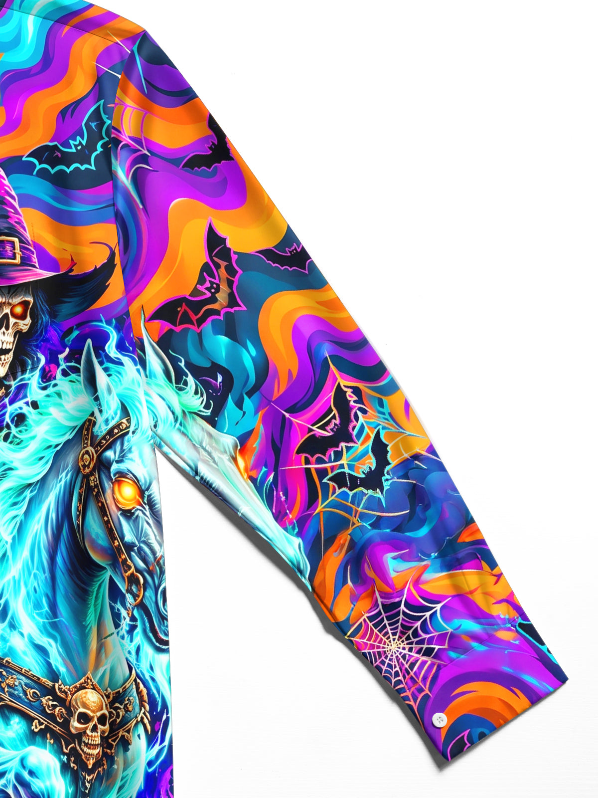 Oceanlyte Men's Halloween Skeleton Wizard On Ghost Horse Print Long Sleeve Shirt with Chest Pocket
