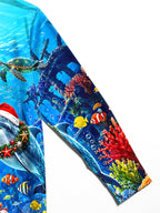 Oceanlyte Men's Hawaiian Christmas Dolphins Print Long Sleeve Shirt with Chest Pocket