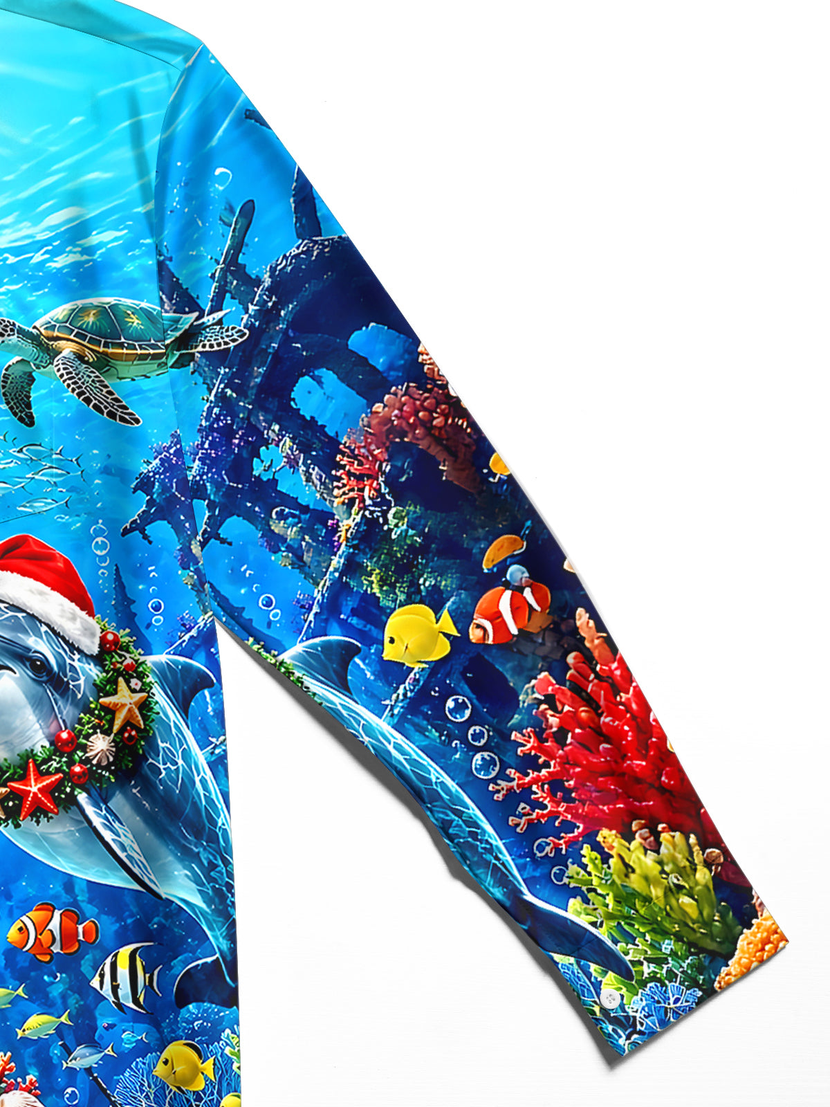 Oceanlyte Men's Hawaiian Christmas Dolphins Print Long Sleeve Shirt with Chest Pocket