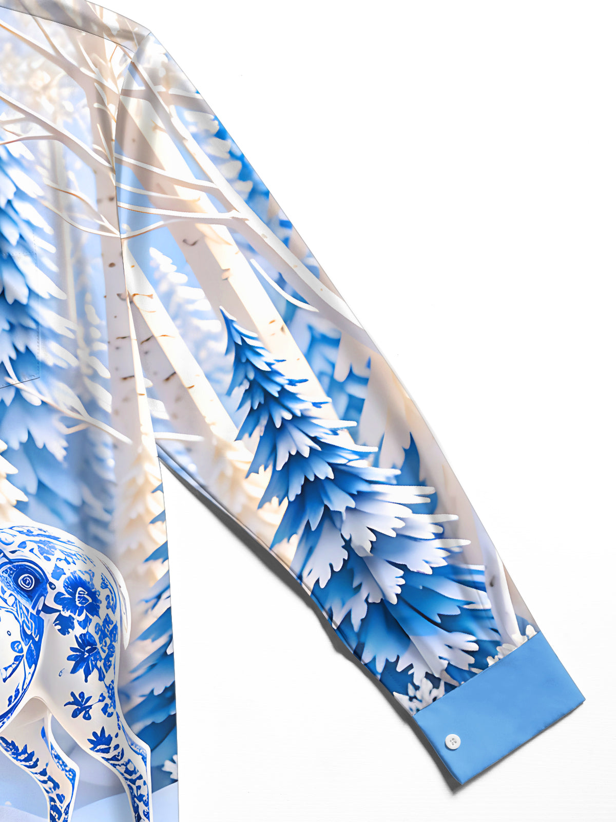 Oceanlyte Men's Graphic Blue And White Porcelain Elk Print Long Sleeve Shirt with Chest Pocket