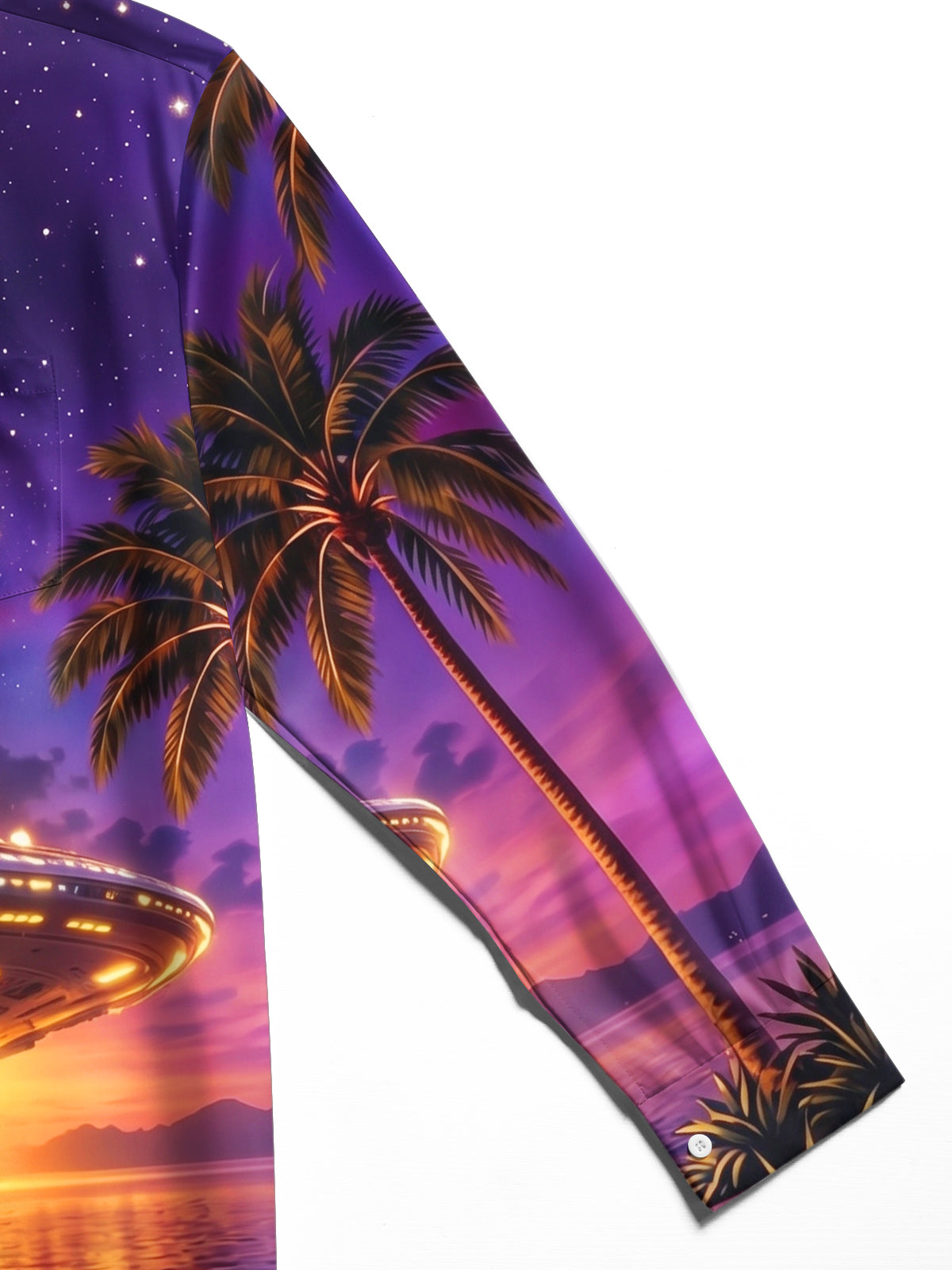 Oceanlyte Men's Hawaiian UFO Night Sky Print Palm Trees Print Long Sleeve Shirt with Chest Pocket
