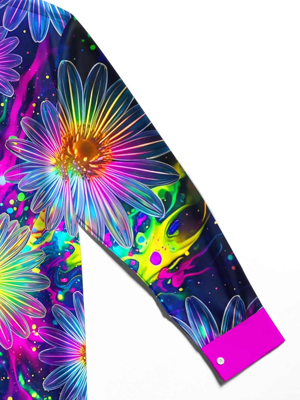 Oceanlyte Men's Hawaiian Neon Daisy Flowers Print Long Sleeve Shirt with Chest Pocket