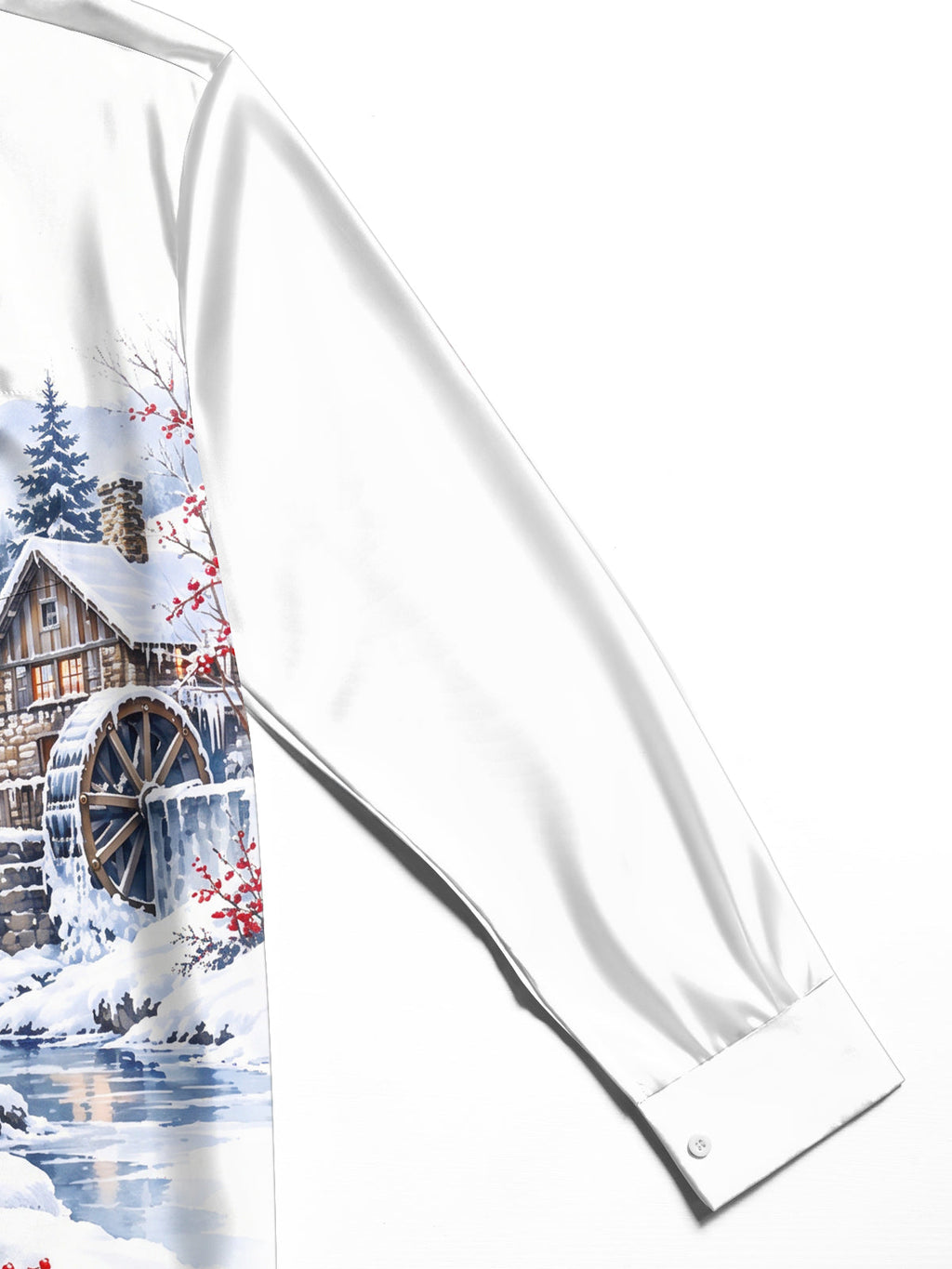 Oceanlyte Men's Long Sleeve Shirt - Winter Snowy Landscape With Wooden House And Waterwheel Print with Chest Pocket